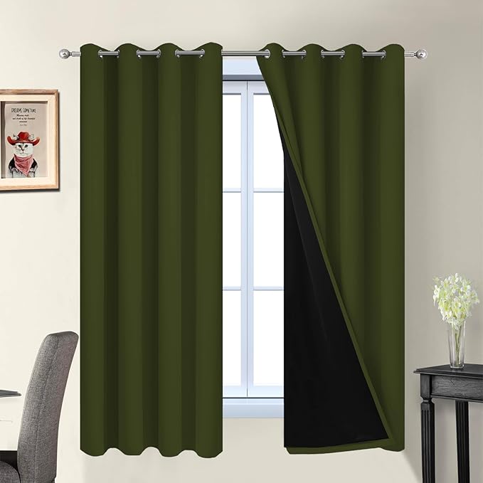 Yakamok Green 100% Blackout Curtains, Total Blackout Lined Curtain Panels for Bedroom, 2 Thick Layers Grommet Top Thermal Insulated Blackout Drapes for Living Room(52Wx63L, Olive Green, 2 Panels)