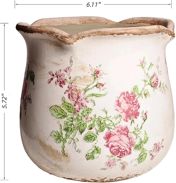 Ceramic Pots for Plants, Vintage Plant Pot with Drainage Hole, 6.11in. Planter for Indoor Plants, Crackle Glaze Finish Flower Pot, Perfect Tuscan Ceramic Planter for Gardening, Rose Floral