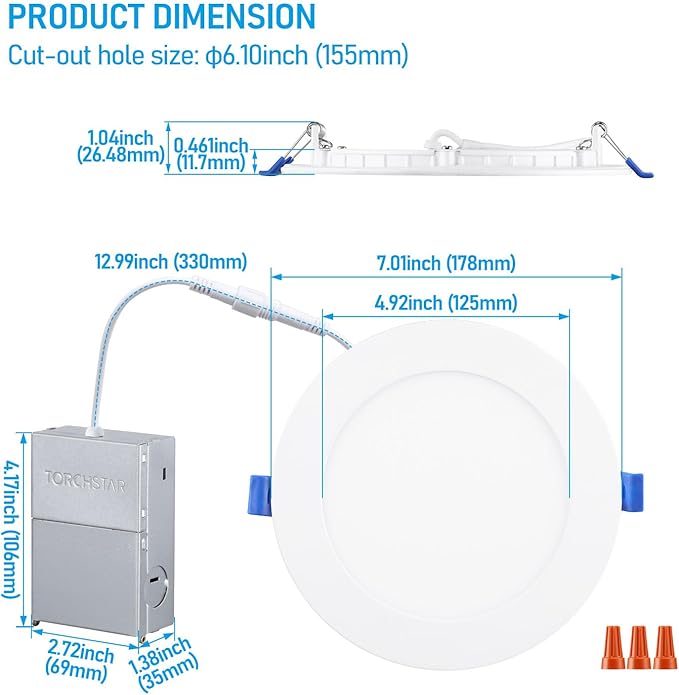 TORCHSTAR Basic Series 12-Pack 6 Inch Ultra-Thin LED Recessed Lighting with Junction Box, CRI90, Aluminum, 4000K Cool White, 5%-100% Dimmable Slim Recessed Downlight, 12W 1100LM, ETL and Energy Star