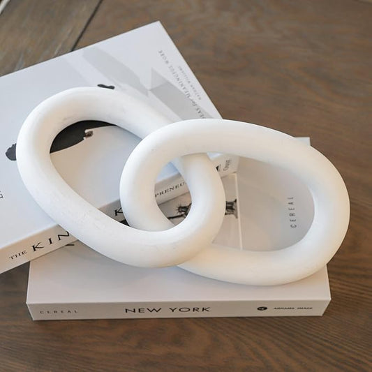 Wood Chain Link Decor – 13” White Wooden Decorative Object for Coffee Table Decor & Neutral Decor for Home – Modern Knot Accent for Shelf Styling, Books, or Housewarming Gifts