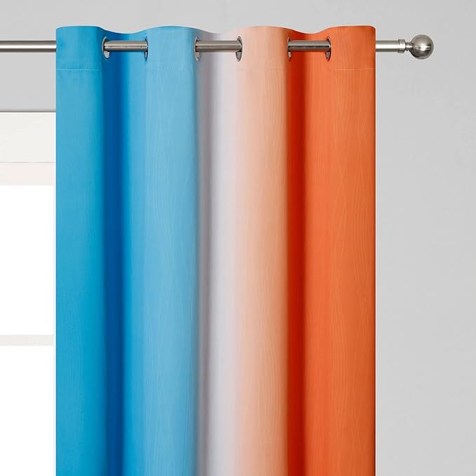 Ombre Orange and Blue Blackout Curtains 45 Inch Length 2 panels, Full Room Darkening Curtains for Bedroom, Thermal Insulated Gradient Drapes, Full Light Blocking Curtains with Grommet, 52x45 Inch