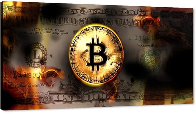 Modern Inspirational Framed Posters Bitcoin and Dollars USD Money Wall Art Creative Wall Picture Burning Bitcoin and Bill Artwork for Living Room Bedroom Classroom Decor Framed Ready to Hang-32"Wx16"H