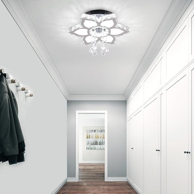 FRIXCHUR 13.4" Modern Crystal Chandelier LED Remote Control Dimmable Crystal Flower Shape Chandelier for Bedrooms Living Room Dining Room Lights