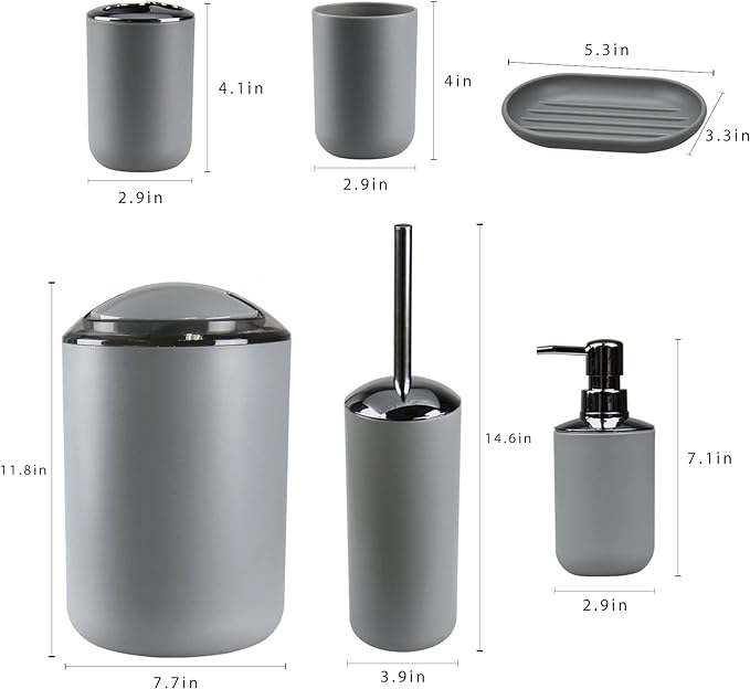 IMAVO Bathroom Accessories Set,Grey Bathroom Set,7 Pieces Bathroom Accessory Set,Tray,Toilet Brush,Trash Can for Bathroom Décor and Housewarming Gifts