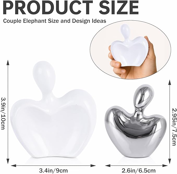 White and Silver Mini Ceramic Couple Sculpture, Romantic Love Decorative Statue, Couple, Silver Home Decor, Suitable for Dresser, Bookshelf, Office, Coffee Table Desktop Decoration.