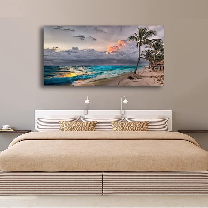 Beach Themed Wall Art Canvas Prints Seascape Poster Bathroom Décor Ocean Coconut Tree Landscape Paintings for Bedroom Dining Room Home Kitchen Decorations Natural Artwork 24x48 Picture Frame Wood