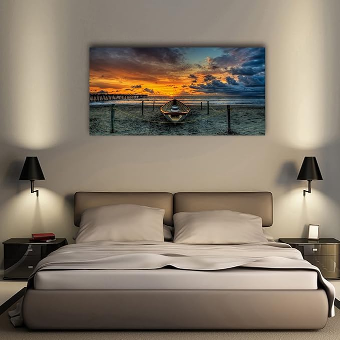 Beach Themed Wall Art Canvas Prints Seascape Poster Bathroom Décor Boat Ocean Sunset Landscape Paintings for Bedroom Dining Room Home Kitchen Decorations Natural Artwork 20x40 Picture Wooden Frames