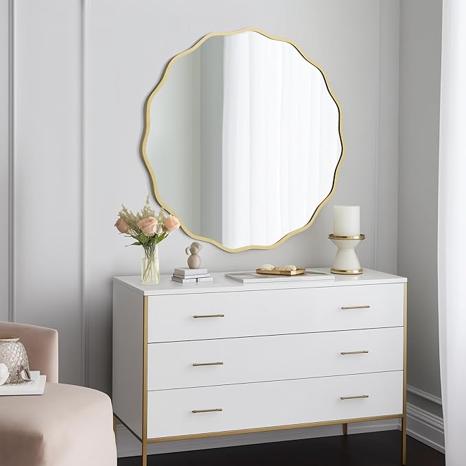WallBeyond Round Wavy Mirror for Wall Decorative 32 inch, Modern Round Mirror Aluminum Frame for Bathroom Bedroom Living Room Home House Office Entryway, Gold