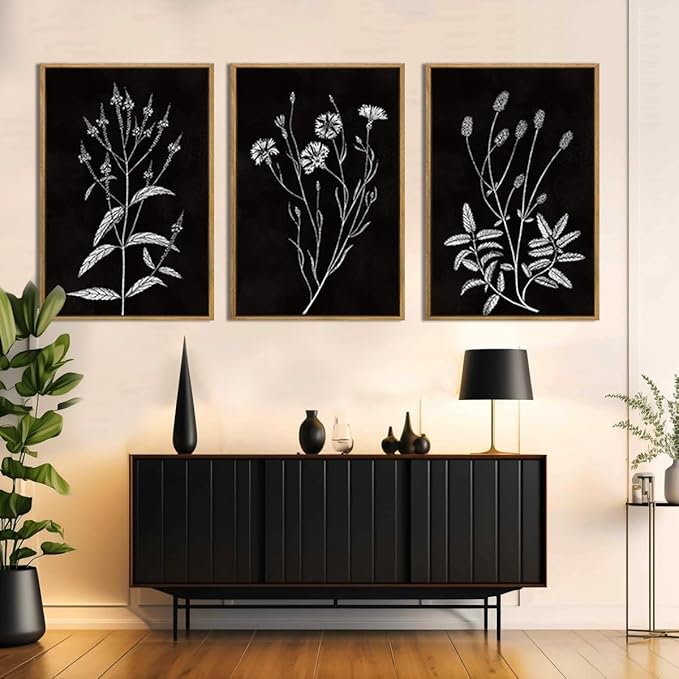 Extra Large Black and White Floral Wall Art Framed Botanical Wall Decor 3 Pieces for Bathroom Living Room Bedroom 24x36 Inch