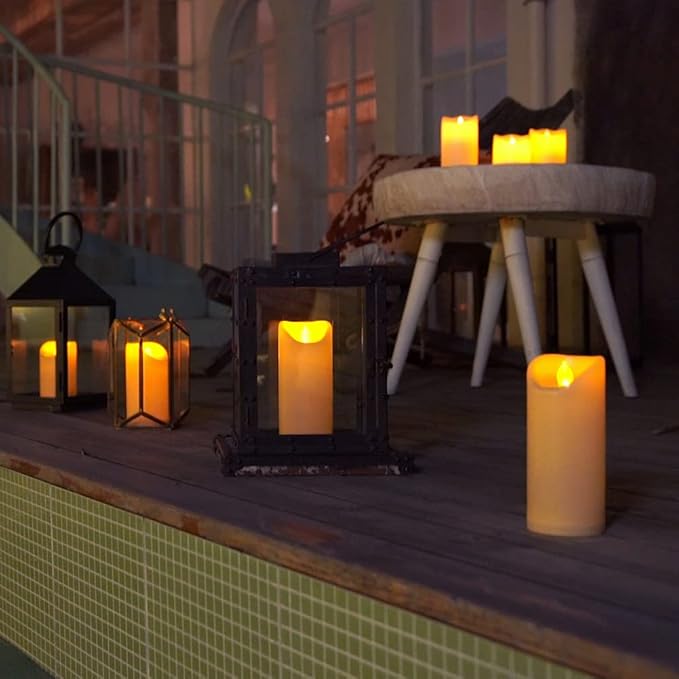 Homemory 3"x7" Outdoor Waterproof Flameless Candles with Timers and Remote Control, Battery Operated Candles, LED Plastic Candles, Ivory, Set of 3