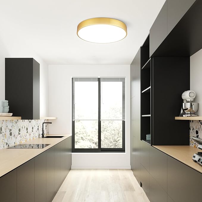 Gold LED Flush Mount Ceiling Light Fixture, 15 inch, 36W, Dimmable, Modern Kitchen, Bedroom, Bathroom, Living Room Lighting