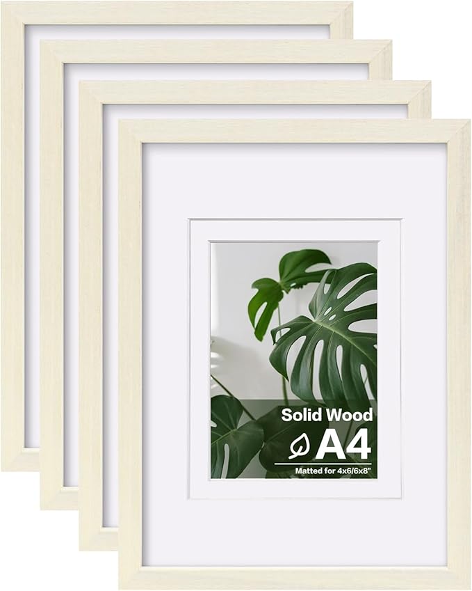 Egofine A4 Picture Frames Set of 4, Made of Solid Wood Covered by Plexiglass 4x6 and 6x8 with Mat or A4 without Mat, for Table Top Display and Wall Mounting Photo Frame Beige