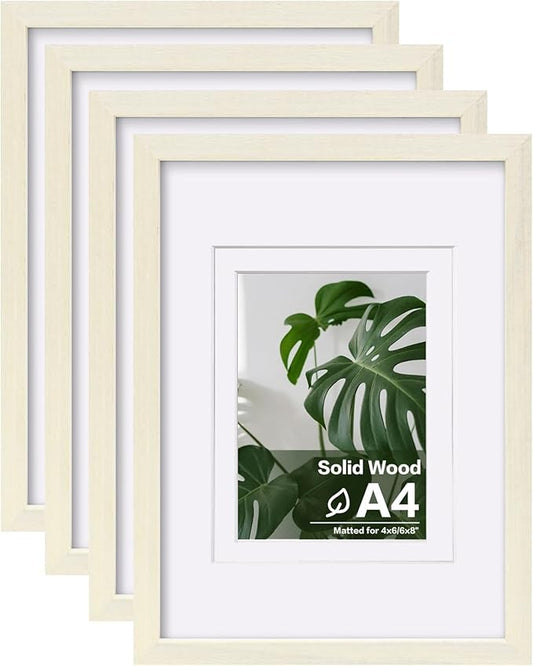 Egofine A4 Picture Frames Set of 4, Made of Solid Wood Covered by Plexiglass 4x6 and 6x8 with Mat or A4 without Mat, for Table Top Display and Wall Mounting Photo Frame Beige