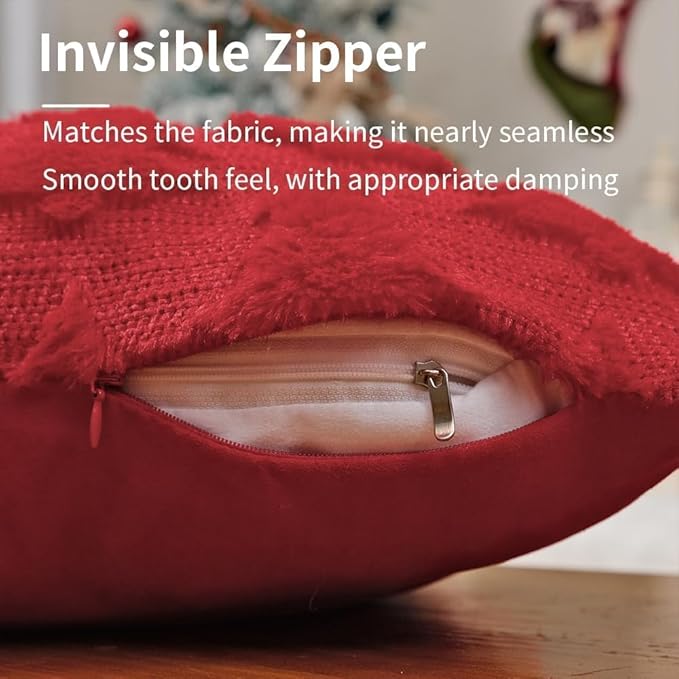 GEEORY Christmas Tree Throw Pillow Covers 18x18 Inch Set of 2, Xmas Winter Soft Plush Faux Fur Wool Decorative Farmhouse Holiday Cushion Case for Home Decoration (Red) GC005-18