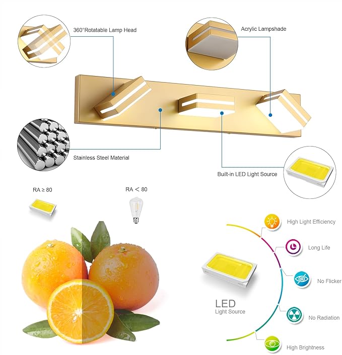 SineRise LED Modern Bathroom Vanity Light Fixtures (3-Light, 24-Inch, Dimmable), Matte Gold Modern Acrylic Bathroom Wall Lighting Fixtures Over Mirror (Cool White 6000K)