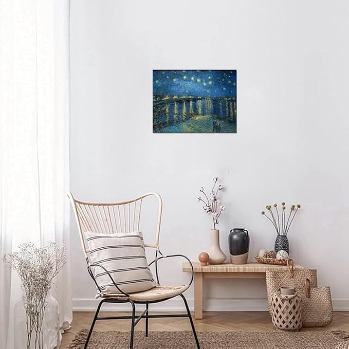 QBQT Starry Night Over the Rhone by Van Gogh Landscape Canvas Wall Art Bathroom Decor Famous Painting Print Blue Artwork for Living Room Home Office Decor Frame 12x16inch