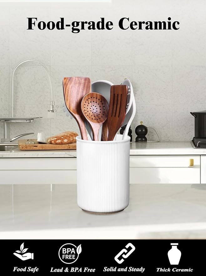 LoeJan Utensil Holder, Extra Large Utensil Crock, Stable Ceramic Utensil Organizer, Cooking Tool Organizer Set for Kitchen Counter Farmhouse Decor (E-6.7" White)
