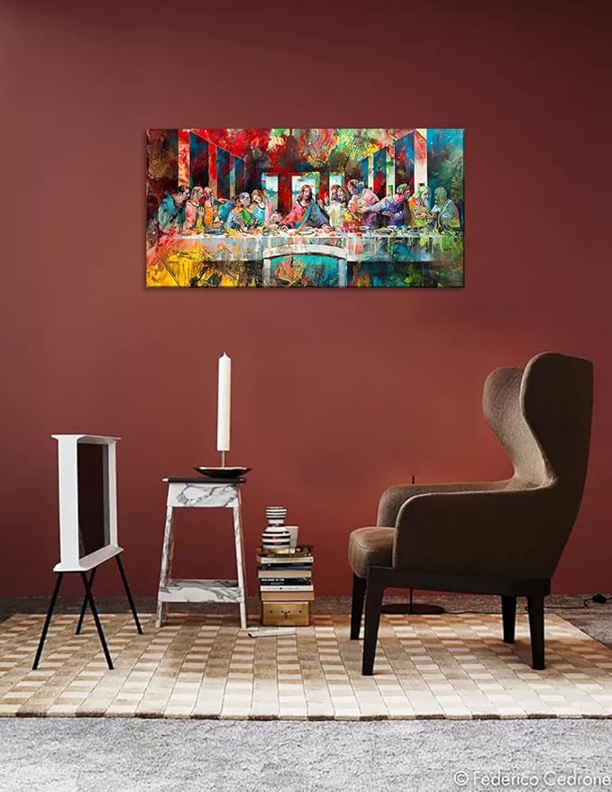 Graffiti The Last Supper Famous Painting Reproduction Color Graffiti Artwork The Last Supper Canvas Office Wall Art Woodden Pallets for Bed Gallery Wrapped Framed and Stretched Ready to Hang-32"Wx16"H