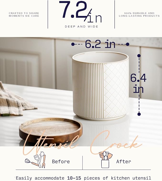 getstar 360° Rotating Kitchen Utensil Holder, Large Ceramic Cooking Utensil Holder for Kitchen Counter with Rotatable and Detachable Wooden Base