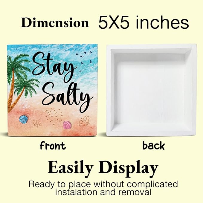 Summer Decor Stay Salty Wood Block Sign Home Beach House Desk Table Shelf Decoration