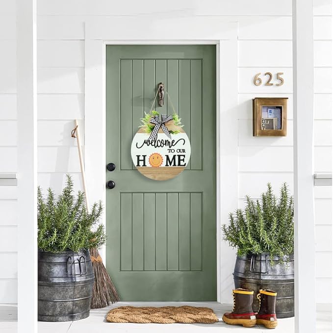 Interchangeable Welcome Sign for Front Door with 4 Seasonal Wreaths and 14 Changeable Icons, Farmhouse Front Porch Décor, Front Door Decoration, Seasonal Rustic Wooden Wall Sign home décor (7wood)
