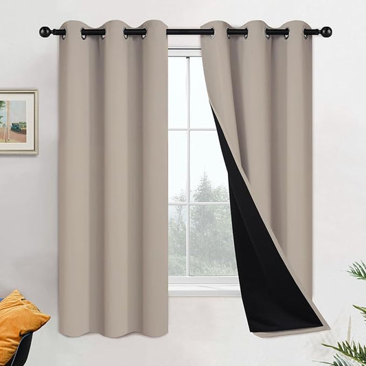 Yakamok 100% Blackout Curtains 63 Inches Long, 2 Thick Layers Heat and Full Light Blocking Soft Thermal Insulated Drapes for Bedroom(42" Wide Each Panel, Natural, 2 Panels)