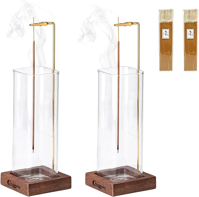 Incense Holder，2 Pack Wood Incense Holder for Sticks with Glass Ash Catcher，Incense Burner for Meditation Yoga Spa Room Decor