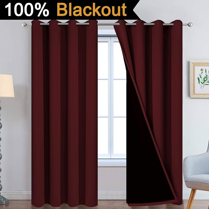 Yakamok Completely Blackout Curtains 2 Thick Layers Thermal Insulated Drapes for Bedroom, Room Darkening Panels for Living Room(52Wx96L, Burgundy Red, 2 Panels)
