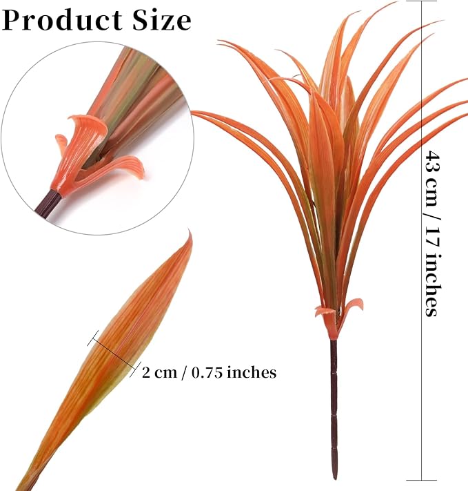 8 pcs Fall Artificial Flowers for Decoration, Fake Artificial Tall Grass Plants for Outdoors, Orange Faux Tropical Greenery Autumn Front Porch Patio Garden Outside Plastic Shrubs Bushes