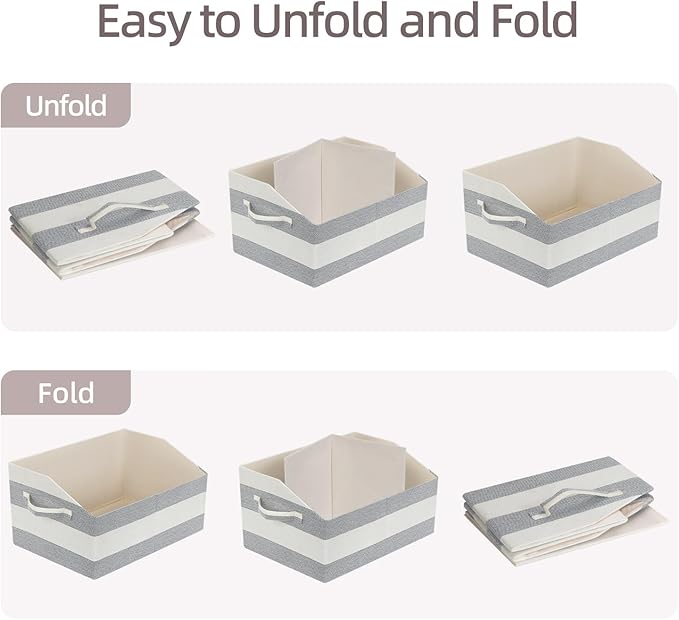 Linen Closet Organizers and Storage, Trapezoid Fabric Bins, Home Office Organization Baskets Striped Collapsible Box with Handles for Clothes, Blanket, Books, DVD, 4 Pack, Gray/White