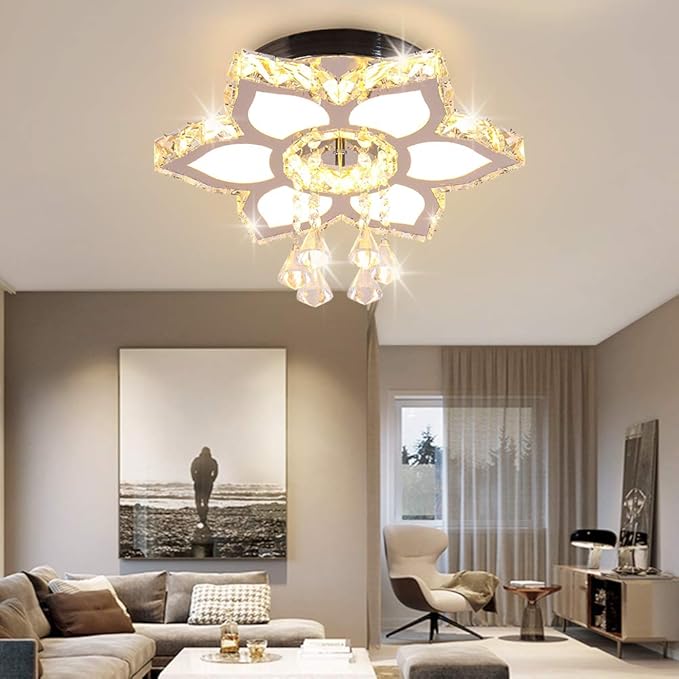 FRIXCHUR 13.4" Modern Crystal Chandelier LED Remote Control Dimmable Crystal Flower Shape Chandelier for Bedrooms Living Room Dining Room Lights