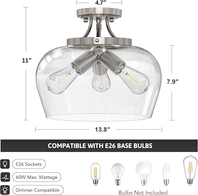 VONLUCE Semi Flush Mount Ceiling Light, 13.8" Ceiling Light Fixture with Clear Glass Shade, E26 Base, 3-Bulb Industrial Lighting Fixture for Dining Room Hallway Entryway Bedroom, Brushed Nickel