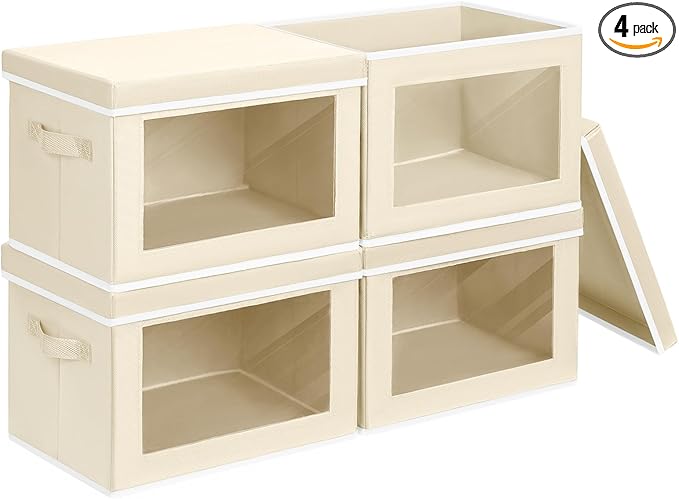 Storage Boxes with Lids - 4 Pack Fabric Clear Window Storage Bins, Large Decorative Storage Bins with Handles, Linen Closet Organizer for Clothes, Towel, Blanket, Beige