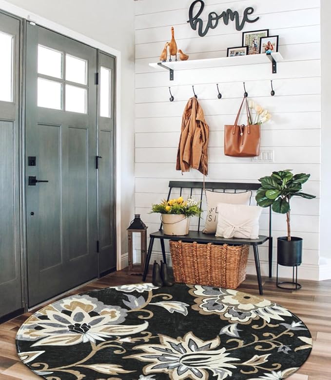 Lahome Floral Black Round Rug - 4Ft Washable Non-Slip Small Round Area Rug Throw Soft Stain Resistant Sofa Living Room Rugs, Paisley Print Accent Distressed Round Carpet for Bedroom Entryway Kitchen