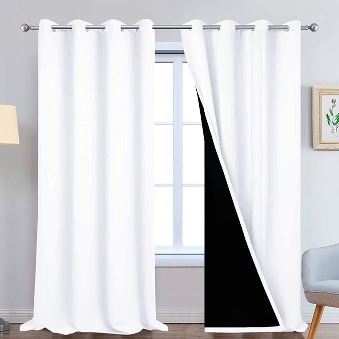 Yakamok 100% Blackout Curtains 108 Inches Long, 2 Thick Layers Thermal Insulated Curtain Panels for Bedroom, Full Light Blocking Drapes with Black Liner (52" Wide Each Panel, Pure White, 2 Panels)