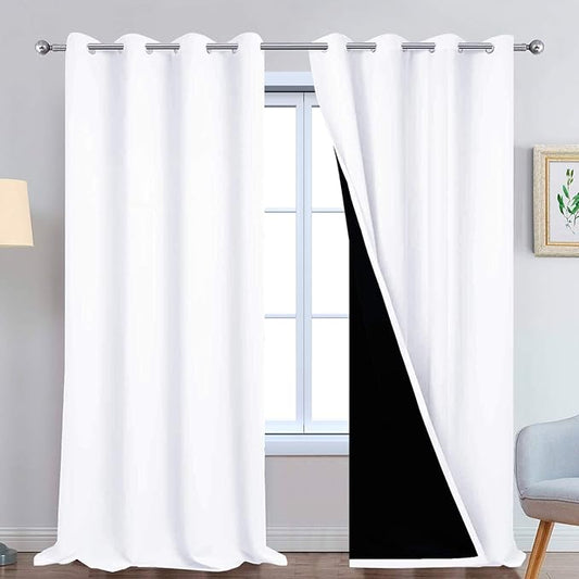 Yakamok 100% Blackout Curtains 108 Inches Long, 2 Thick Layers Thermal Insulated Curtain Panels for Bedroom, Full Light Blocking Drapes with Black Liner (52" Wide Each Panel, Pure White, 2 Panels)