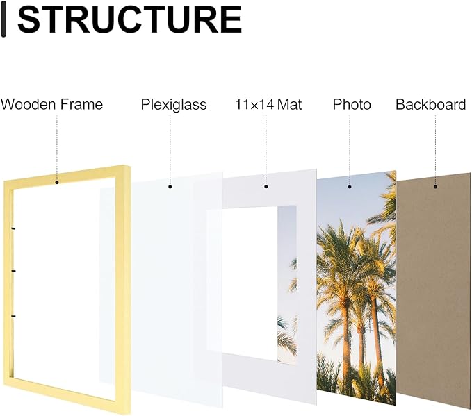 Vittanly 12x16 Picture Frames Set of 9, Shatter Resistant Plexiglass, Display 11x14 Pictures with Mat or 12x16 without Mat, Photo Frames for Wall Mount, Engineered Wood, Gold