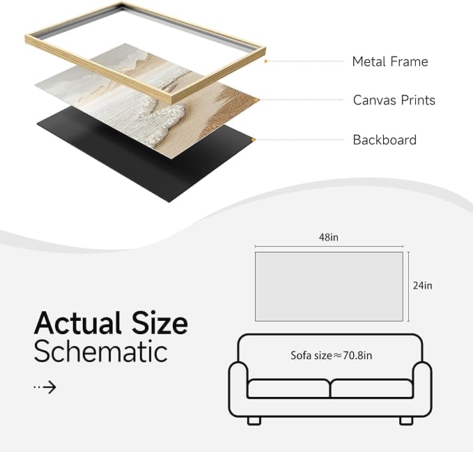 Framed Neutral Coastal Beach Wall Art for Living Room, Large Boho Ocean Canvas Artworks for Walls, Horizontal Abstract Minimalist Coastal Art Print for Bedroom Kitchen Office Wall Decor, 24x48 Inch