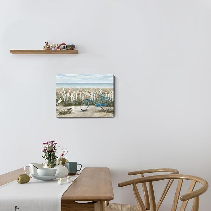 Bathroom Wall Art Farmhouse Boho Ocean Beach Coastal Vintage Floral Canvas Print Seaside Blue Bicycle Seagull Seascape Painting Seashore Botanical Wildflower Field Daisy Flowers Artwork 12x16inch