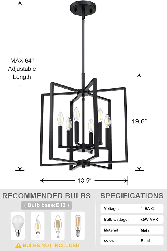 Leading Lighting 6 Light Farmhouse Chandelier Hanging Light Fixture Rustic Kitchen Island Lighting with Black Metal Frame for Entryway Dinning Room Bedroom
