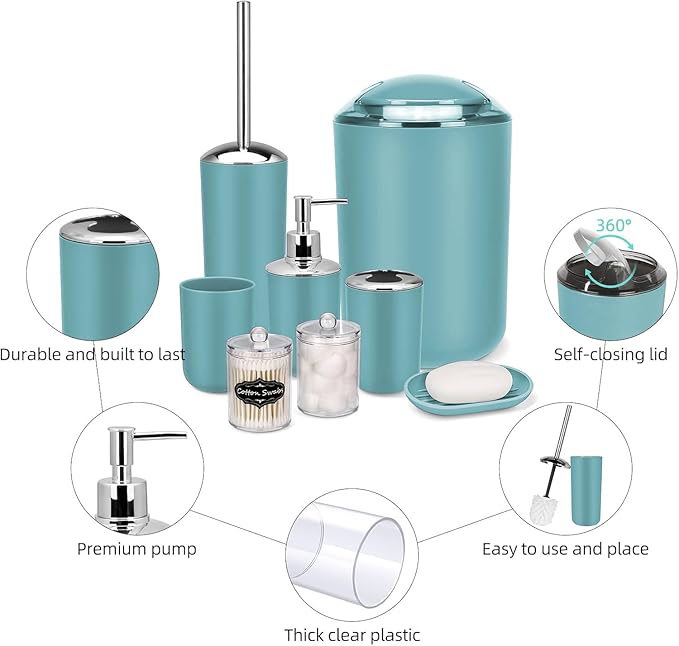 IMAVO Bathroom Accessories Set,Blue Bathroom Set,9 Pieces Bathroom Accessory Set,Tray,Qtip Holders,Toilet Brush,Trash Can for Bathroom Décor and Home Gifts
