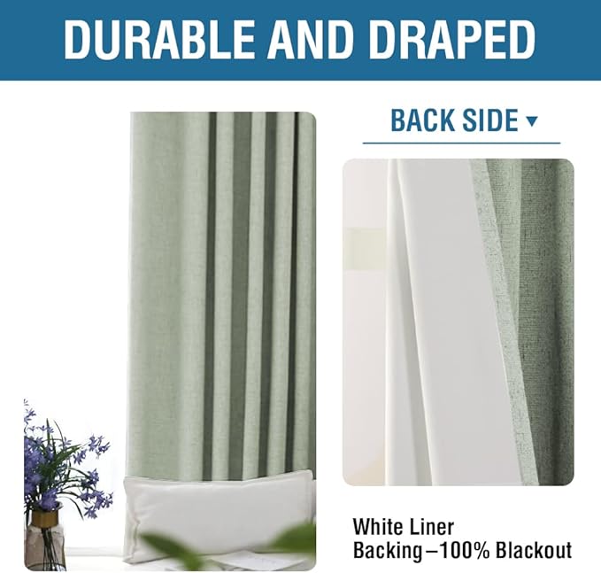 H.VERSAILTEX 100% Blackout Curtains for Bedroom 84 Inches Long Grommet Linen Face Full Light Blocking Curtain Drapes for Living Room Thermal Linen Look Curtains 2 Panels Set, 52" W x 84" L, Sage