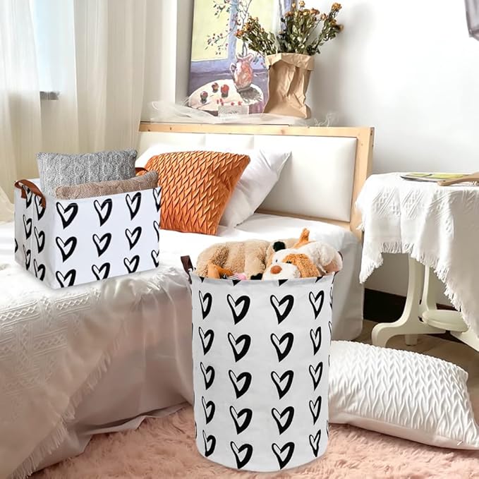 CLOCOR Heart Rectangular Basket, Cute Pattern Storage Bin, Collapsible Waterproof Storage Box with Handles for Kids, Gift Baskets, Shelf Basket (Black Hearts)