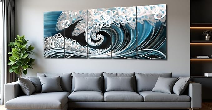 Yihui Arts Handcrafted 3D Metal Wall Art - Ocean Wave Sculpture, 5 - Panel Aluminum Decor for Living Room, Bedroom & Office