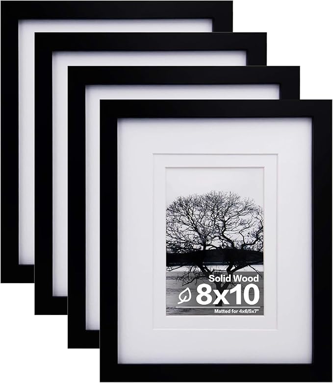 Egofine 8x10 Picture Frames Set of 4, Made of Solid Wood Covered by Plexiglass 4x6 and 5x7 with Mat or 8x10 without Mat, for Table Top Display and Wall Mounting Photo Frame Black