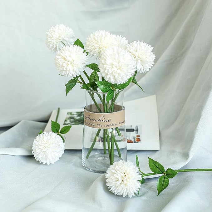 Floweroyal 12pcs Artificial Chrysanthemum Ball Flowers Silk Hydrangea Bridal Wedding Bouquet for Home Garden Party Office Coffee House Decoration (Cream White)