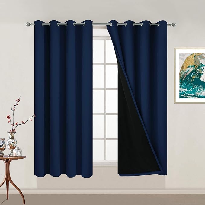 Yakamok Total Blackout Curtains 54 Inches Long, 100% Blackout Drapes for Bedroom, 2 Thick Layers Grommet Top Thermal Insulated Drapes for Living Room(52Wx54L, Navy Blue, Set of 2)