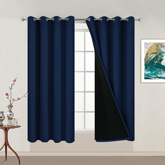 Yakamok Total Blackout Curtains 54 Inches Long, 100% Blackout Drapes for Bedroom, 2 Thick Layers Grommet Top Thermal Insulated Drapes for Living Room(52Wx54L, Navy Blue, Set of 2)
