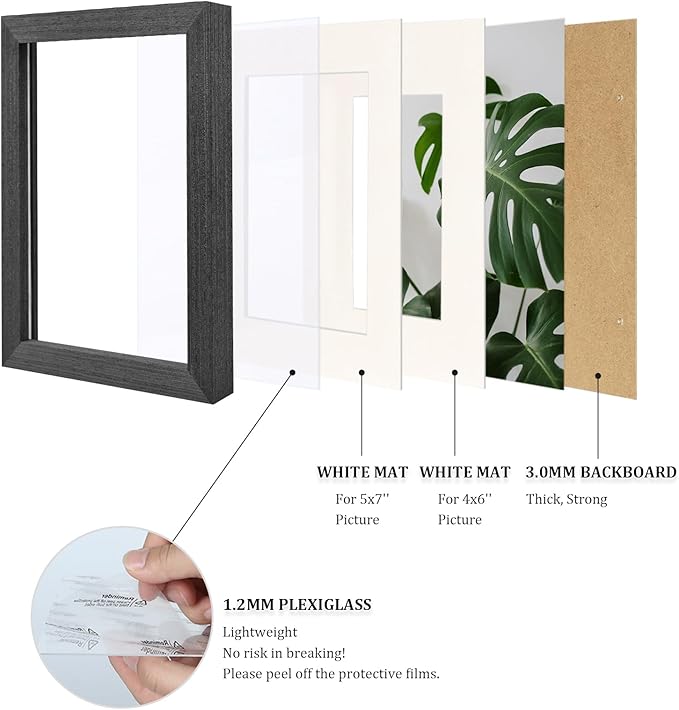 Egofine 6x8 Picture Frames Set of 4, Made of Solid Wood Covered by Plexiglass 4x6 and 5x7 with Mat or 6x8 without Mat, for Table Top Display and Wall Mounting Photo Frame Rustic Black