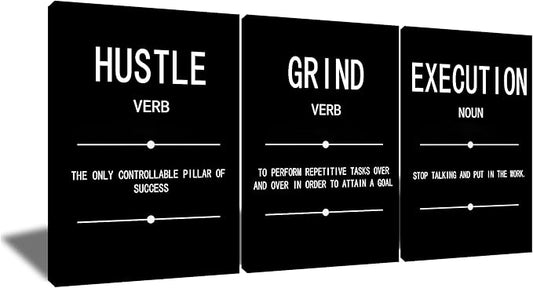 Grind Hustle Execution Noun Motivational Painting Wall Art 3 Pieces Canvas Print Inspirational Office Decor Poster Inspiring Quotes Framed for Wall Art Decoration Ready to Hang [60''Wx 28''H]